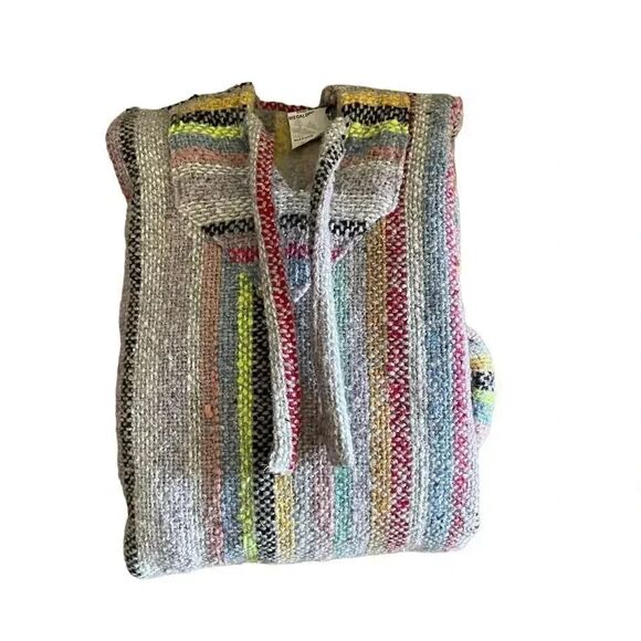 Mexican Boho Hooded Baja-Stripe Multicolor Unisex Pullover Pancho Sweater SZ S - Picture 6 of 10